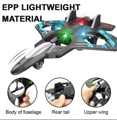 Toy airplane with EPP lightweight material features and close-ups on different parts.